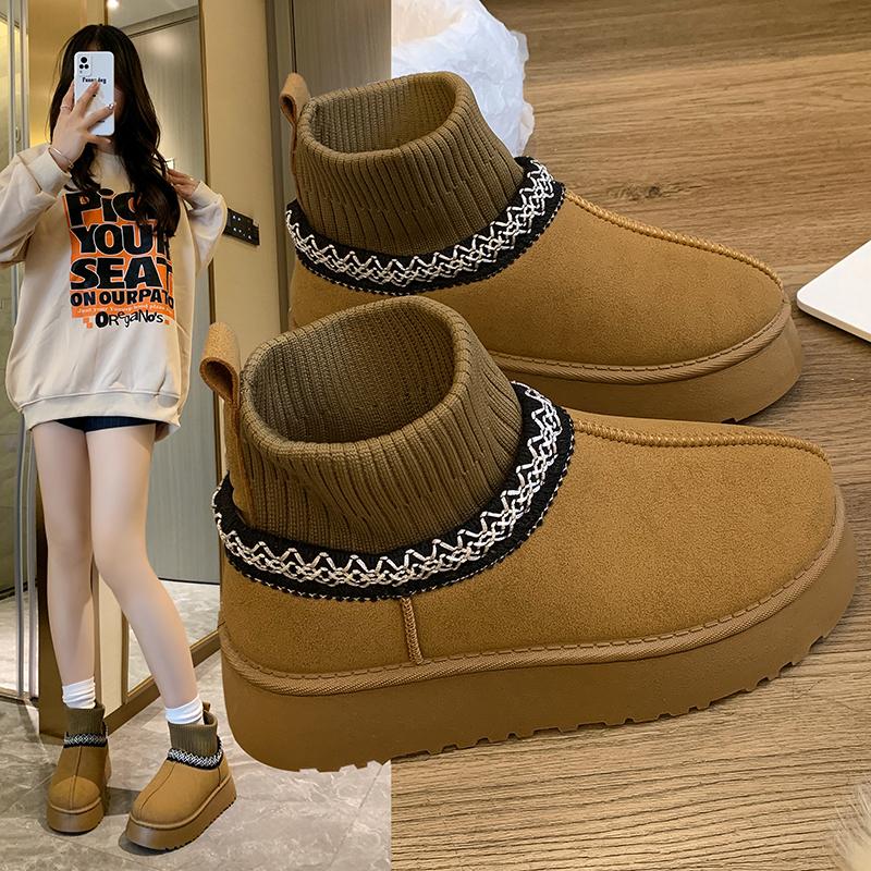Fashion Women's Knitted Snow Boots 2024 New Winter Plus Fleece Thick Warm Slip-on Korean Version of Casual Thick Soled Cotton Shoes