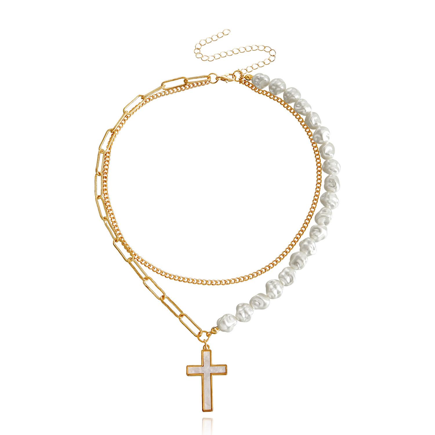 

European and American jewelry fashion trend double-layer splicing chain imitation pearl cross white fritillary pendant necklace women золотой