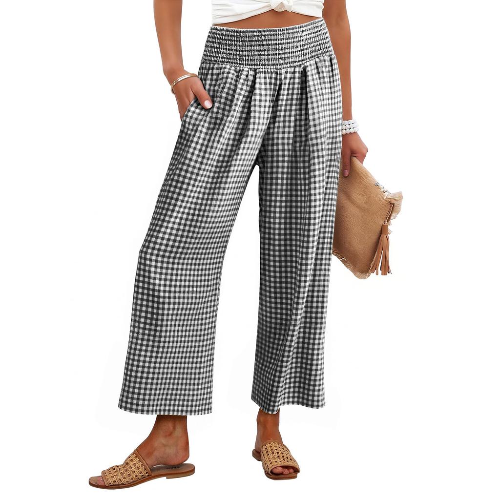 Women's Fashion Loose Pleated Elastic Waist Pocket Checkered Casual /10 Pants