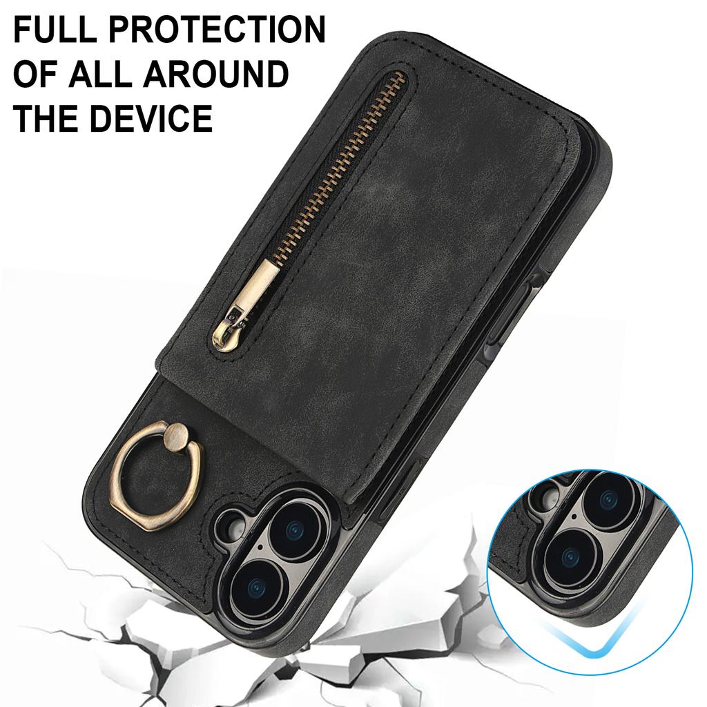 For iPhone 16 Plus Case RFID Blocking Ring Kickstand Retro Leather+TPU Anti-Fall Phone Cover