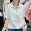 Minimalist Summer Women's Pullovers Turn-down Collar Zipper Pockets Short Sleeve Loose Shirring Drawstring T-shirt Tops