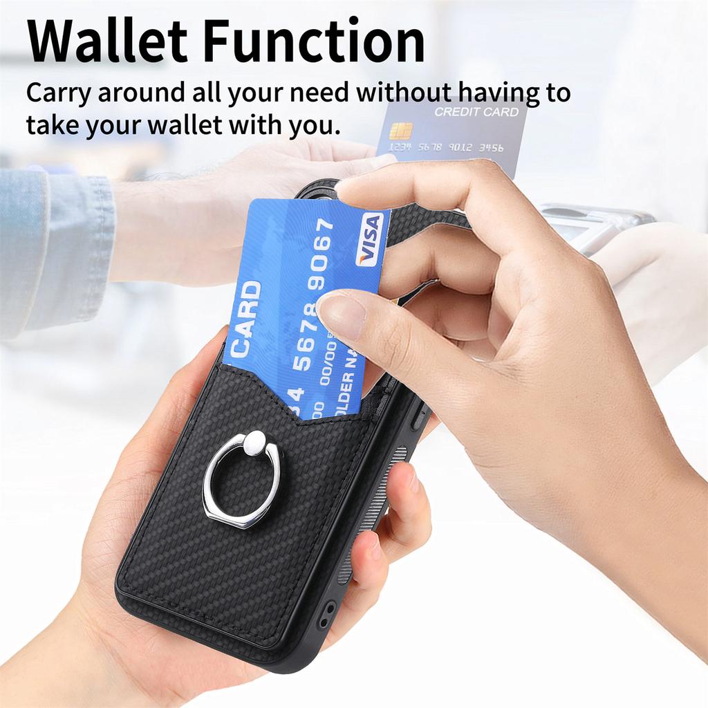 Cellphone Cover for iPhone 15,Card Holder Carbon Fiber Texture PU Leather+PC+TPU Phone Case with Ring Kickstand
