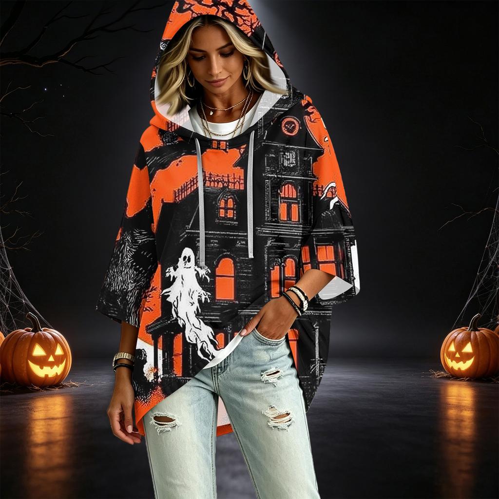 Women's Fashionable Three-Quarter-Sleeve Halloween-Printed Hooded Pullover