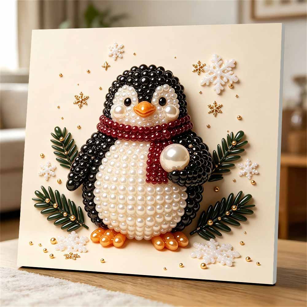 Framed Pearl Painting Kit DIY with Winter Penguin Scarf Design 3D Shiny Bead Art Canvas Ready to Display Elegant Home Decor Gift Idea