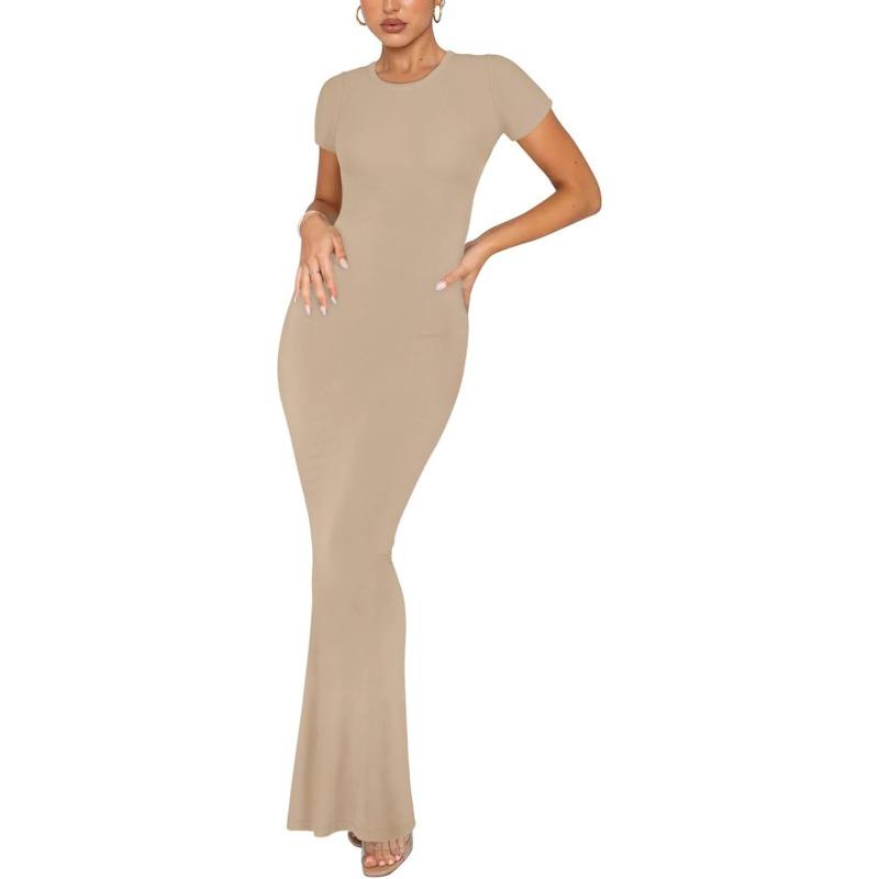 Women's Round Neck Casual Elegant Short Sleeve Tight Long Dresses