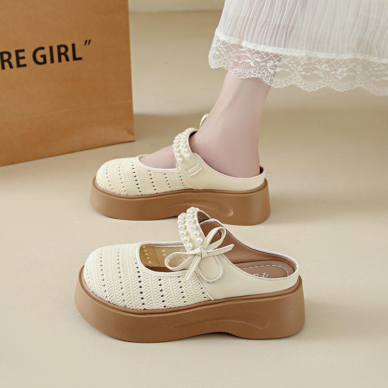 French bow thick-soled Mary Jane sandals women's 2025 summer new hollow breathable bag head half slippers size 34