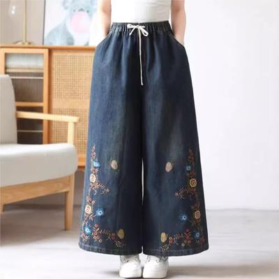 Frau Herbst Nische Stickerei Lose Beiläufige Breite Bein Hosen Waschen Vintage Persönlichkeit Hosen