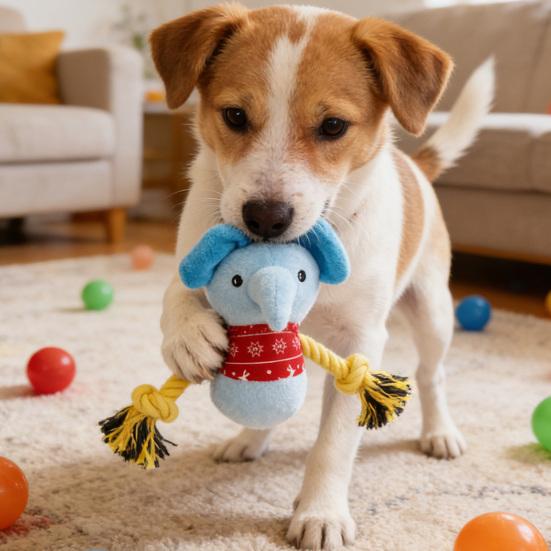 Stuffed Elephant Dog Toy with Rope Arm Squeaky Plush Animal Dog Chew Toy Interactive Tug-of-War Toy for Dogs Teeth Cleaning Puppy Teething