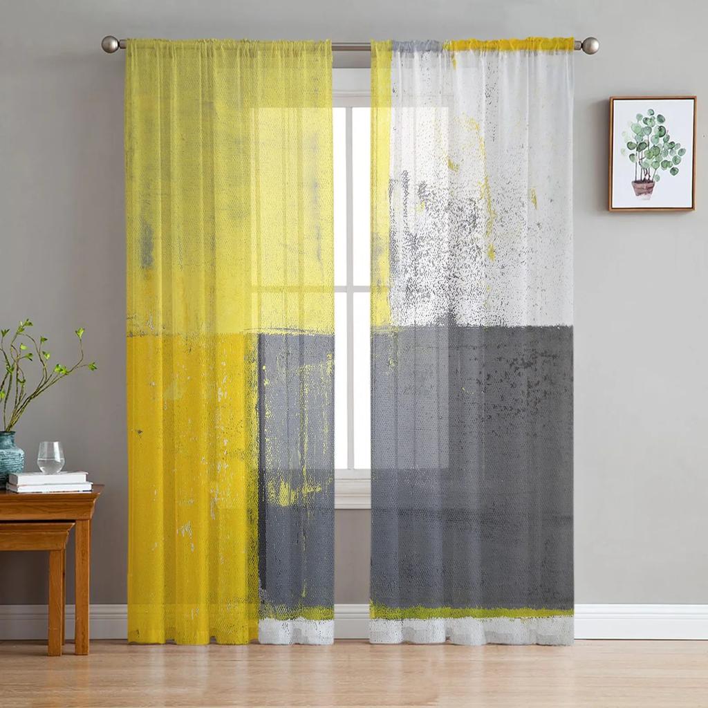 Oil Painting Style Abstract Geometric Yellow Drapes Bedroom Window Curtain Living Room Sheer Curtains Curtain Panels