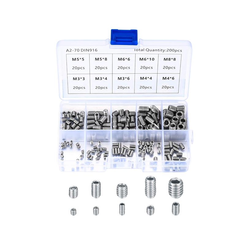 200Pcs Grub Screws Mixed Set with Storage Box Stainless Steel Cone Point Screws Hex Head Thread Socket Screw Assortment Kits