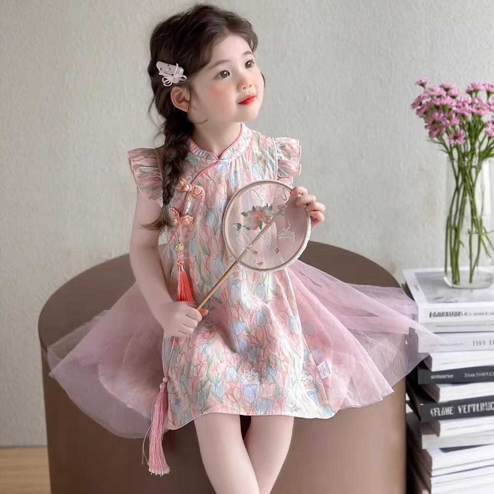 Summer Thin New Chinese Baby Girl Princess Dress Mesh Floral Dress
