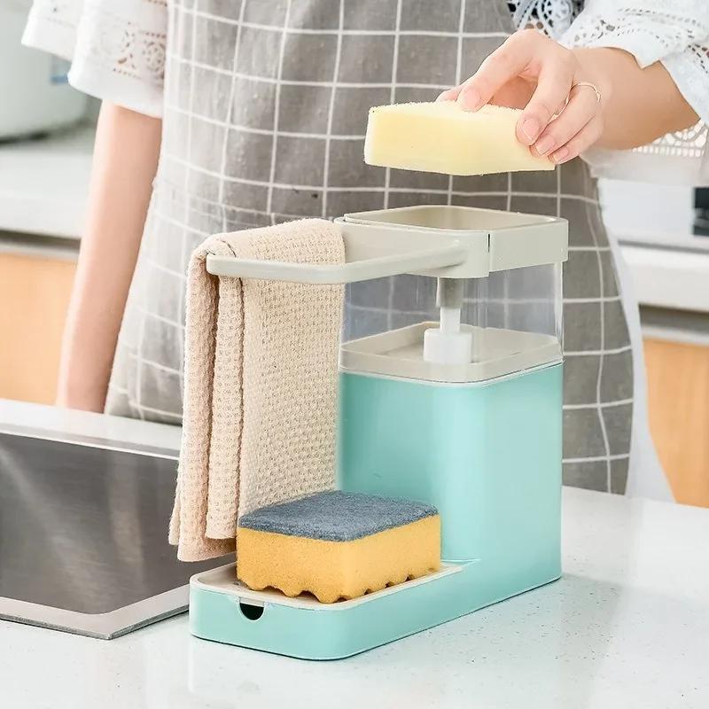 Multifunctional Dishwashing Brush Pot Press Automatic Liquid Outlet Detergent Liquid Outlet Box Sink with Towel Bar Storage Rack