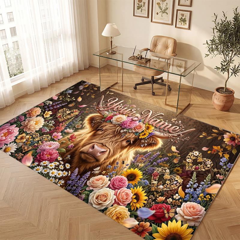 Highland Cow Theme Soft Crystal Velvet Rug Custom Name & Text Print Non Slip Floor Rug for Bedroom Living Room