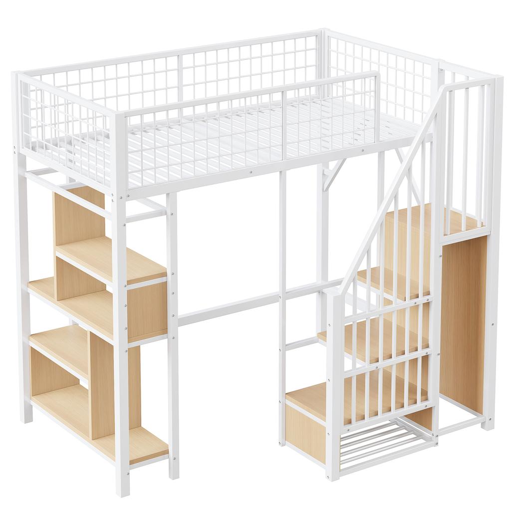 Letto a Soppalco Multifunzionale 90 x 200 cm, Letto in Metallo con Contenitore, Spazio a Ripiani e Scala, Letto per Adulti e Bambini, Bianco