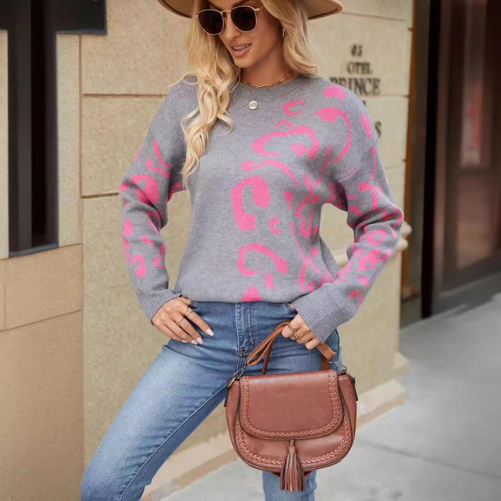 GMXIA Knitted Sweater Woman Autumn Winter Round Neck Jumper Leopard Print Long Sleeve Knitted Jumper Woman