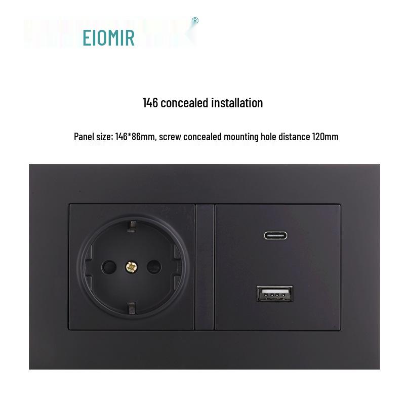 Black 16A German Standard Socket Panel with Double USB + Type C, Concealed European Installation