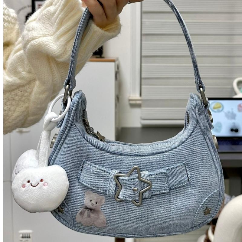 Fashion Women's Handbags Canvas Shoulder Bags Ladies Y2K Star Decor Underarm Bag Vintage Clutch Purses Casual Women Hobo Bags