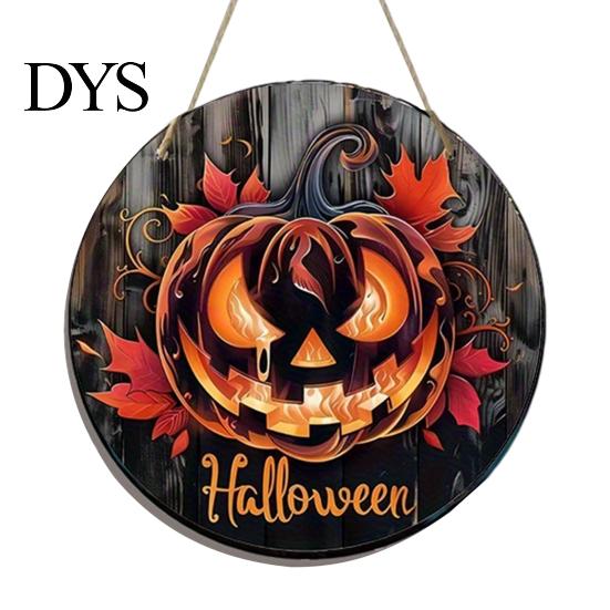 Autumn Atmosphere Hanging Ornament Halloween Wooden Door Hanger Sign, Flame Pumpkin Maple Leaf Printed Round Plaque, Hemp Rope Decor Waterproof