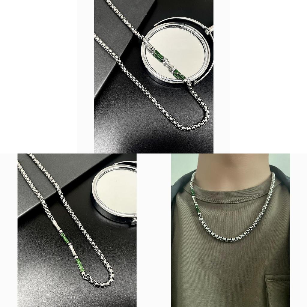 Stainless Steel Geometric Necklace For Men With Green Bamboo Beads Handmade Vintage Style
