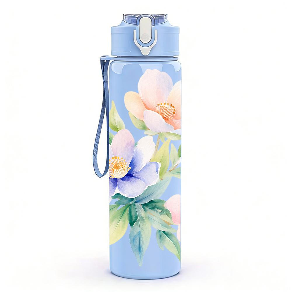 1PC Pastel Watercolor Floral Graphic,750ml Color Plastic Sports Water Bottle,Leakproof Flip Straw Lid,Suitable for Sports Office Home Use