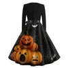 Women's Casual Halloween Print Vintage Round Neck Long Sleeve Dress Retro Fit and Flare Style with Waist Tie and Unique Pumpkin Pattern