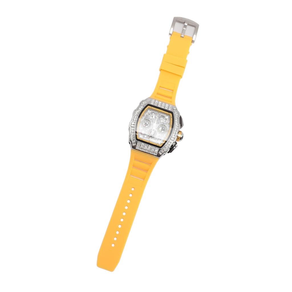 Men Mechanical Watch 30M Waterproof Dial Hollow Automatic Mechanical Wrist Watch with Silicone Strap Silver Yellow