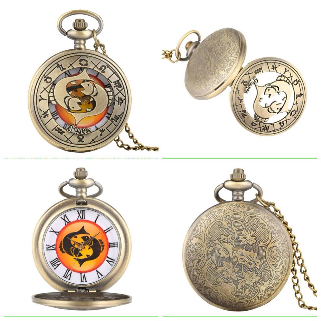 Vintage Retro Hollow Twelve Zodiac Map Design Animal Quartz Pocket Watch Unisex Men Women Necklace Pendant Clock Chain Classic Dial Jewelry Gift