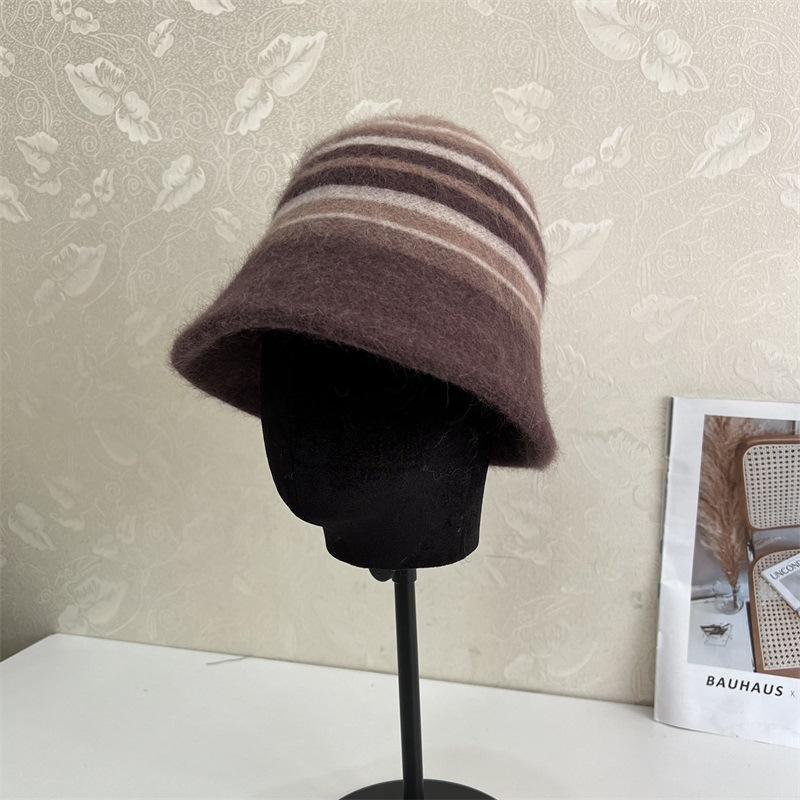 

Fashion soft waxy rabbit hair wool blended bucket hat women s autumn and winter retro contrasting color striped basin hat warm hat M（56-58cm） помаранчевий