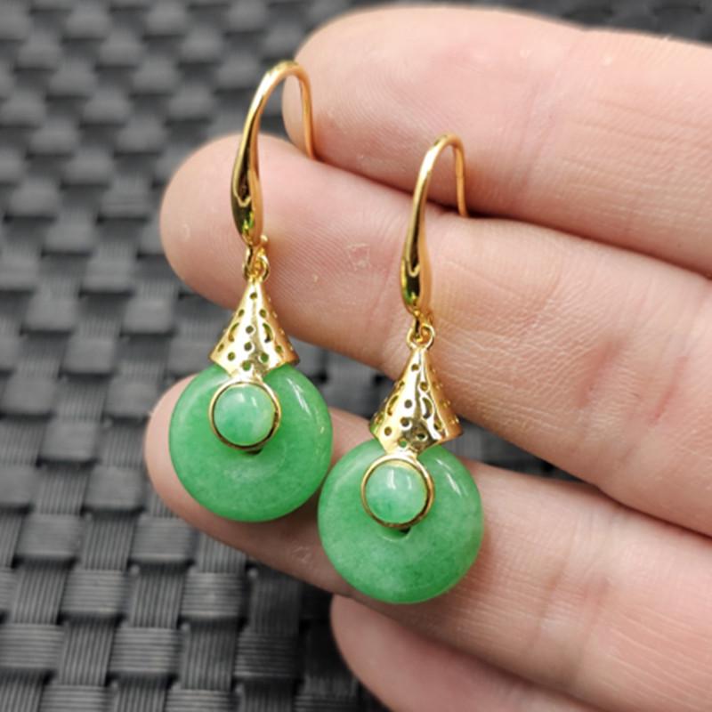 Emerald Green Jade Buckle Earrings with White Background and Pendant Ornaments