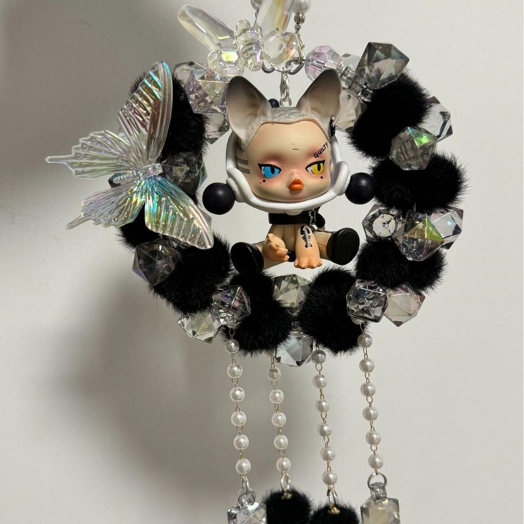 Car Rearview Mirror Ornament: Pom-Pom Butterfly, Fully Embellished, Ready-to-Hang, Cute Gift for Girls