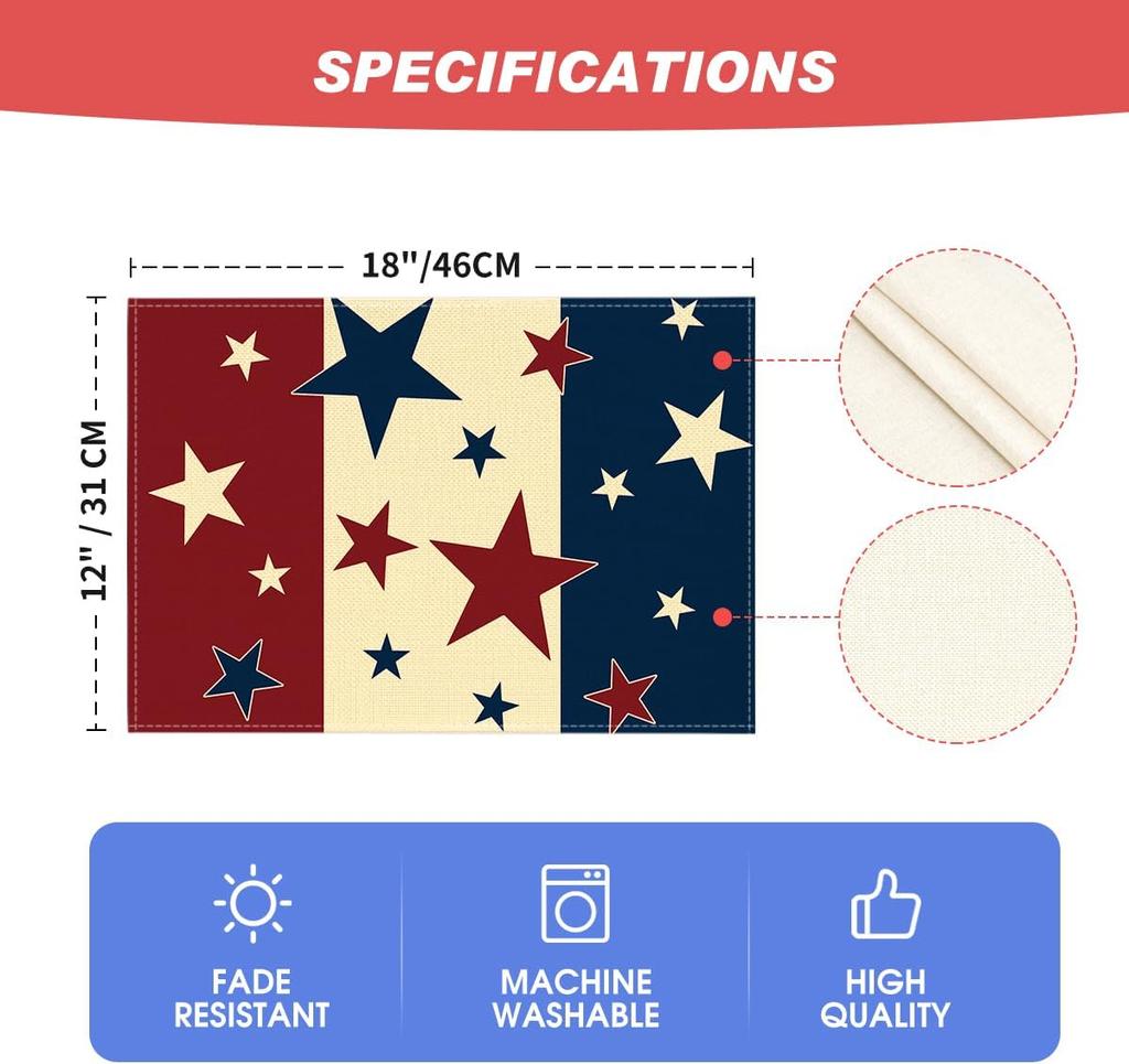 Stars Stripes Patriotic 4th of July Placemats Set of 4, 12x18 Inch Independence Day Table Mats for Party Kitchen Dining Decoration