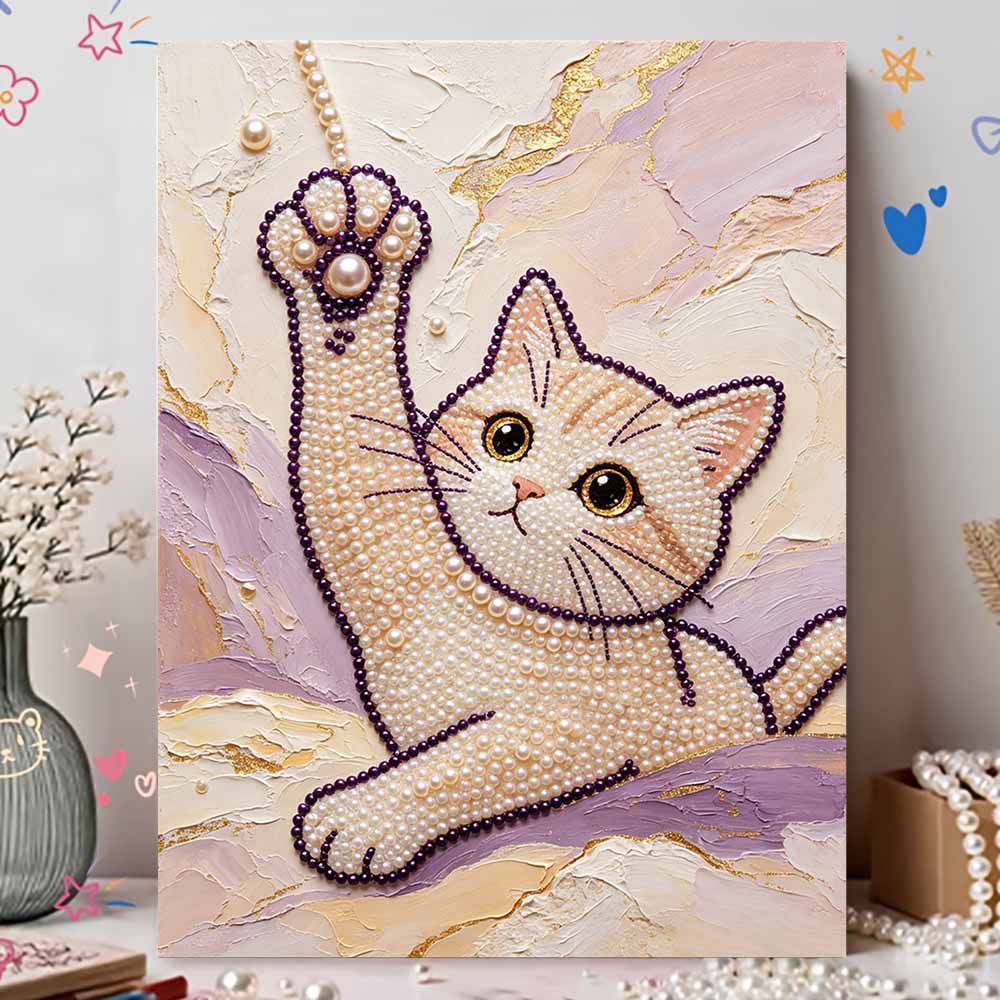 DIY Pearl Bead Art Canvas Cute Cat Pattern Frameless Creative Craft Painting Kit for Relaxing Home Wall Decoration