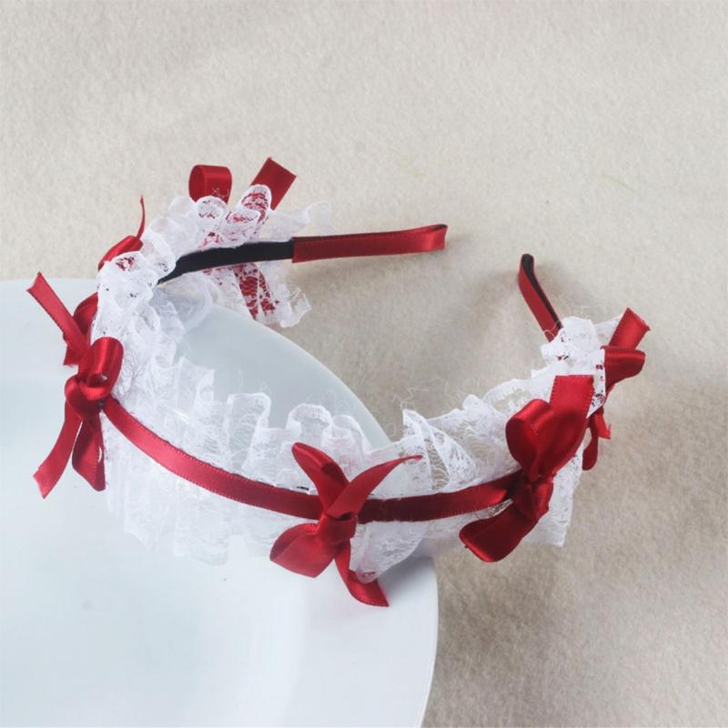 Women Mesh Ruffles Lace Headdress Lovely Ribbon Bowknot Headband Maid Anime Cosplay Gothic Novelty Hair Hoop Props