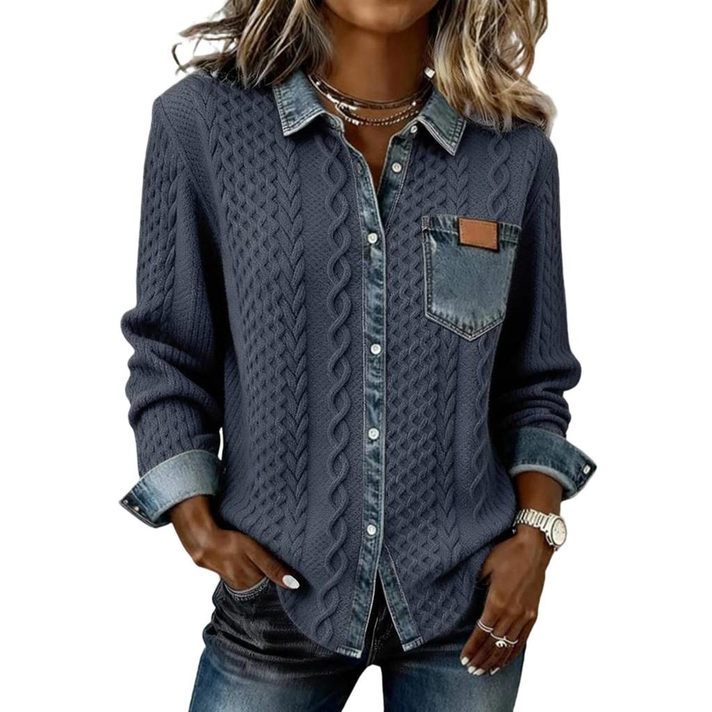Women's Knitted Patchwork Denim Fashion Long,sleeved Cardigan Jacket