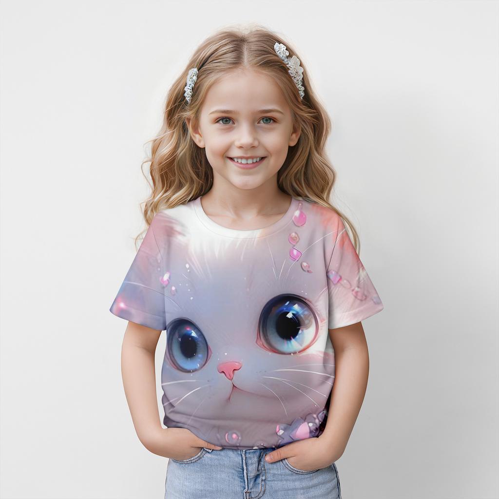 Girl Clothes Children's T-Shirts Short Sleeve 3D Cartoon Cat Print Cute Girls Clothing Kids Summer Clothes Casual Round Neck Top