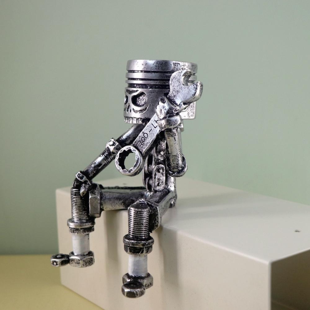 Mechanischer Punk Geschnitzter Kolben Totenkopf Gesicht Statue Kreative Europäischer Metallischer Stil Piraten Skulptur Harz Figur Desktop Deko