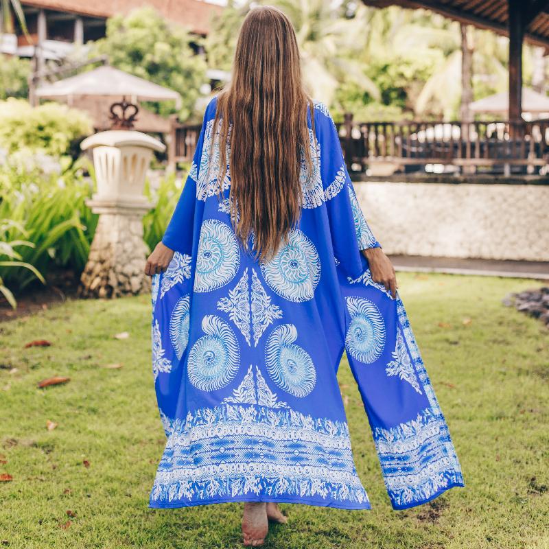 EDOLYNSA 2024 Blue Bohemian Printed Half Sleeve Long Kimono Women Tops Blouse Sexy Summer Beach Wear Outfits Cardigan Dresses Q837