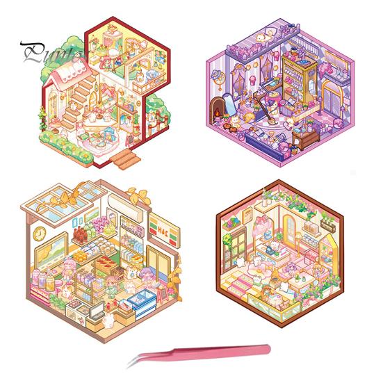 

4 шт. DIY 3D наклейки для дома, бумажные наклейки с миниатюрными сценами, мультяшные наклейки с мини-сценами для комнаты, набор для взрослых, детский альбом B