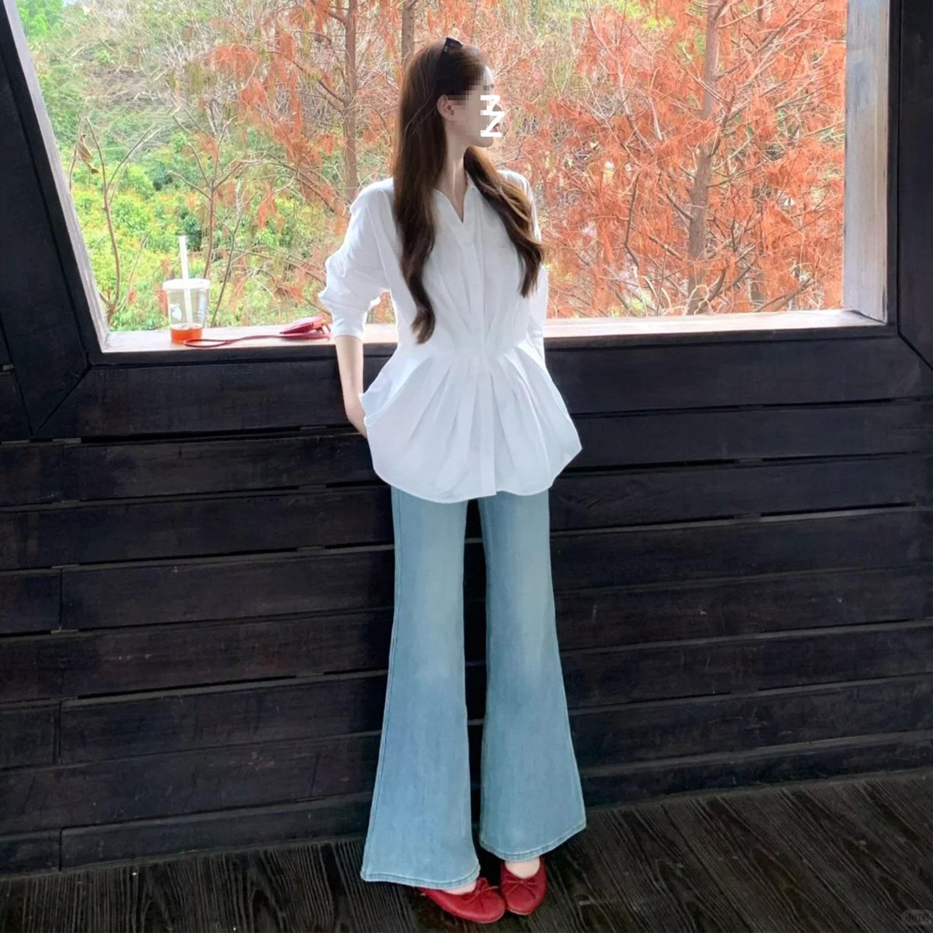 

Light Blue High-Waisted Micro-Flare Jeans: Loose, Draped, Slimming, Leg-Lengthening. Perfect for Spring and Autumn. S (80-95 Jin) светло-синий