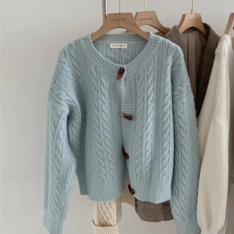 Korean Style Solid Color Knit Cardigan Sweater with Horn Buttons for Women