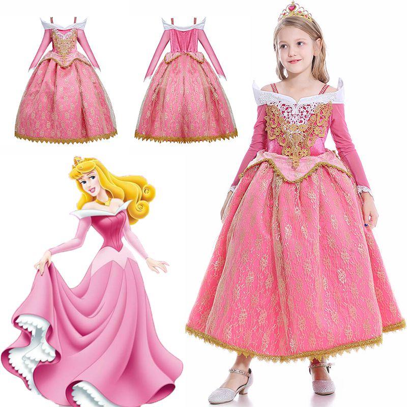 Encantador Disfraz de Princesa Aurora La Bella Durmiente para Niñas con Mangas Largas y Detalles de Encaje