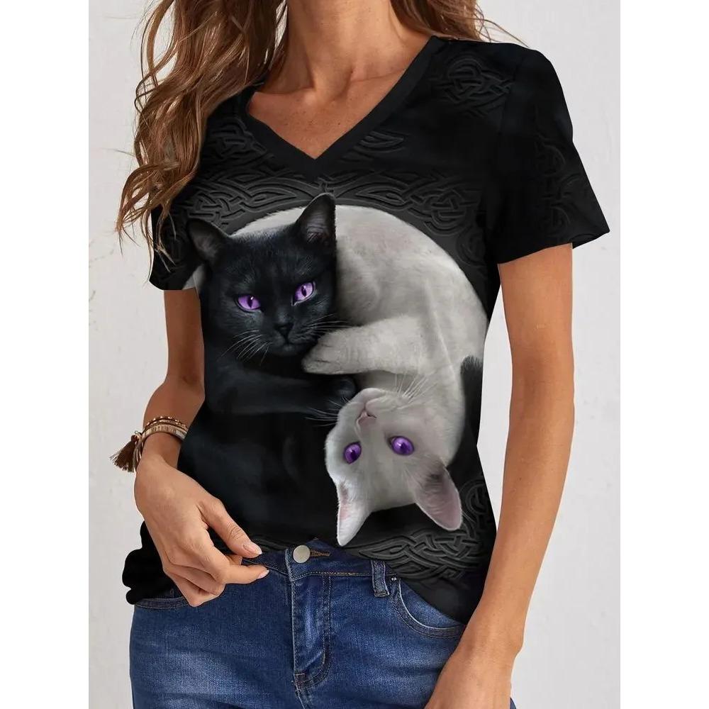 Summer V-neck Cute Cat Pattern 3D Printed Top Fashionable Casual Short Sleeved Women's T-shirts