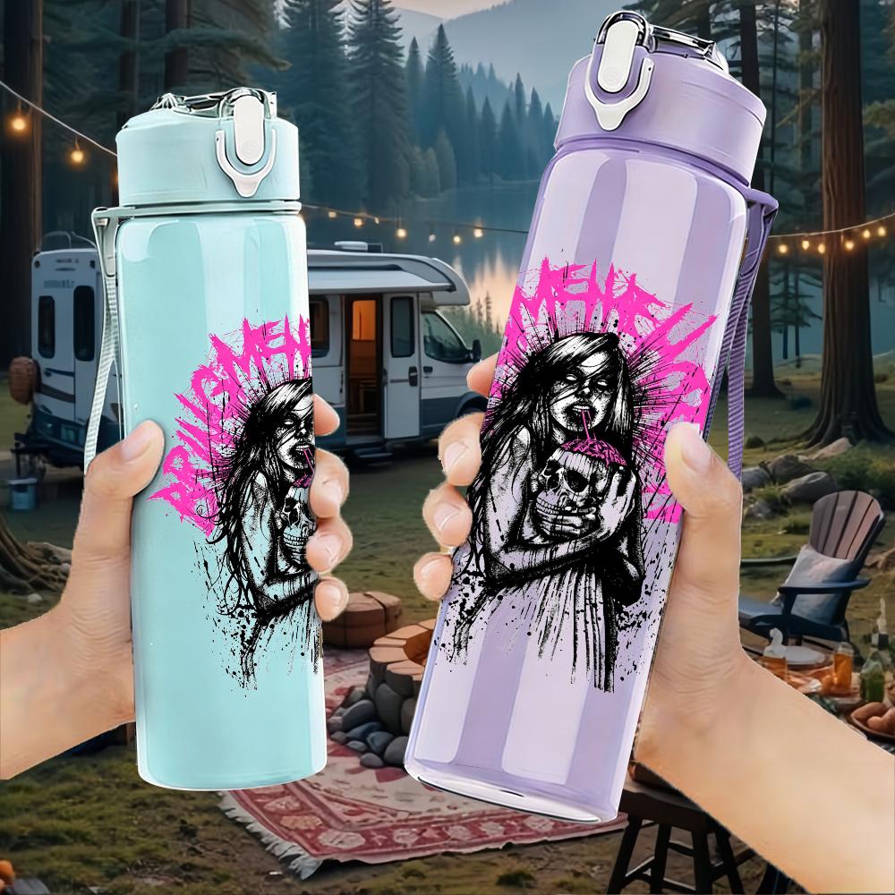 1PC Pink spiky hair female band print 750ml colorful plastic sports water bottle leakproof pop up lid with straw for outdoor work home use