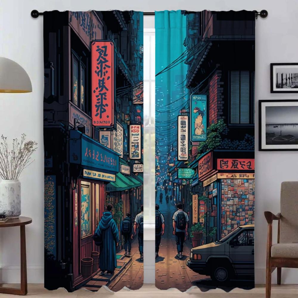 Cities Pixel Art Curtains Child Room Partition Blackout Curtain for Room 2 Panel Home Interior Curtains Shades Living Kitchen