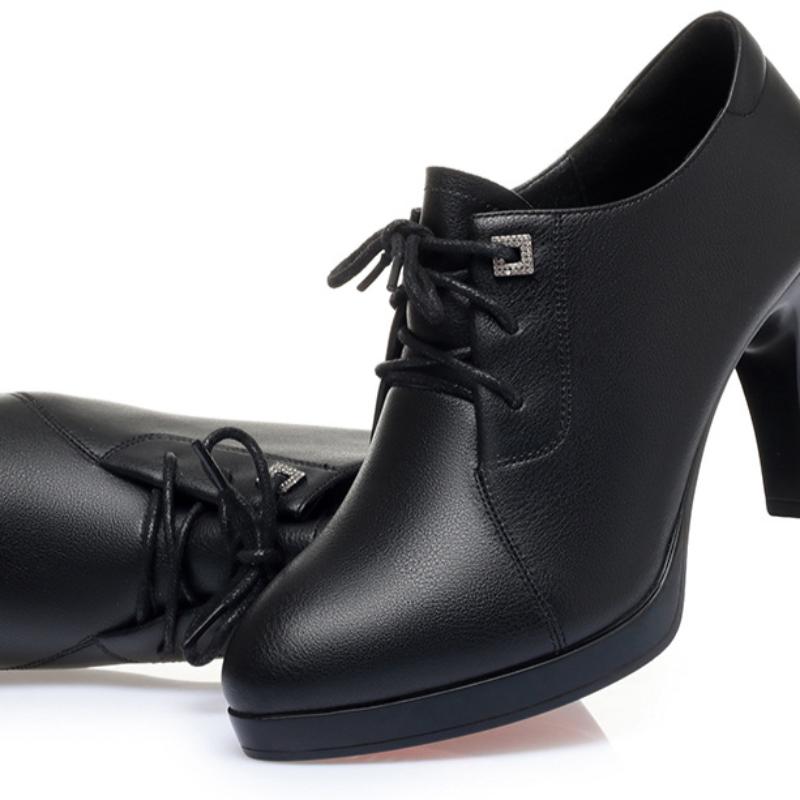New High Heels Lace up Anti Slip Height Increasing Soft Leather Elegant Women Dress Shoes Comfortable Chunky Heel