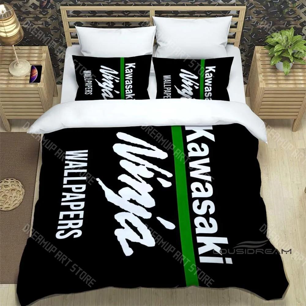 Set Biancheria da Letto Stampa Retro 3D Logo Moto K-Kawasaki Set Biancheria da Letto Elegante Copripiumino Coperta Trapuntata Letto Regalo di Compleanno di Lusso