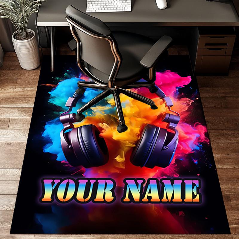 1PC Custom Name Music Vibrant Colors Headphones Theme Floor Mat Ideal for Living Room, Game Rooms, Office, Bedroom,Floor Mat Playful Design
