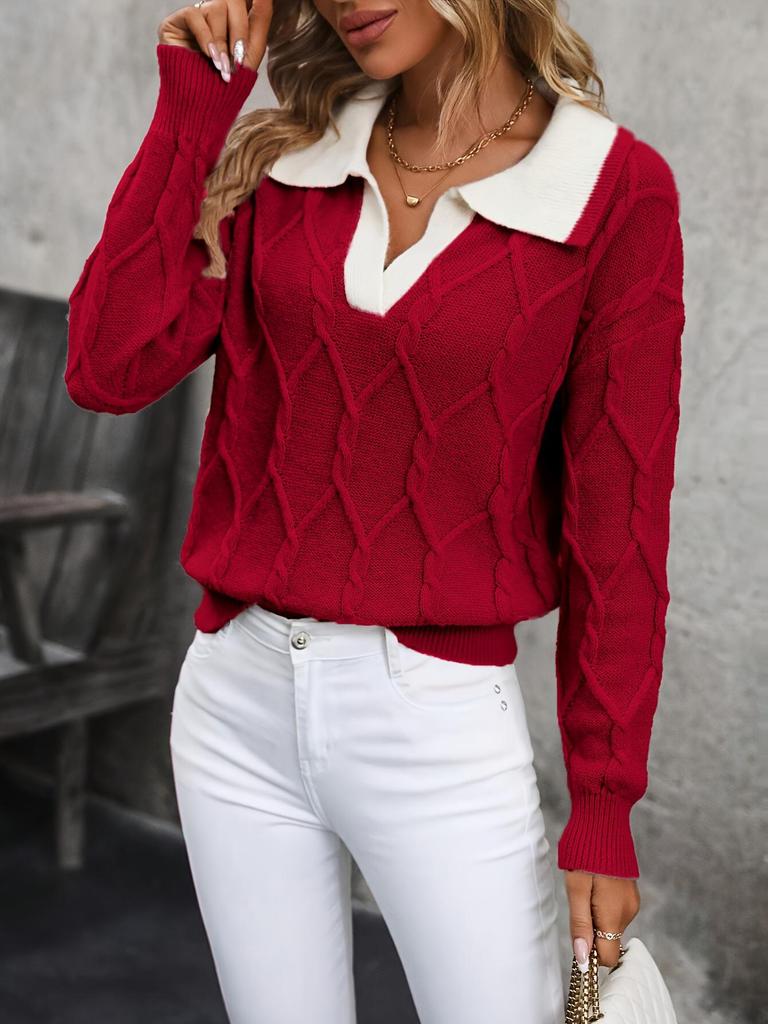 European American Fashion Casual V-Neck Women's Cable Knit Sweater