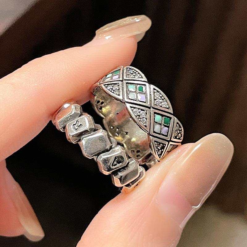 Rhombus Drop Glaze Open Ring Women'S Light Luxury Niche Design Retro Set Exquisite High-End Exquisite High-End Ring