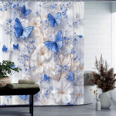 Blue Butterfly Theme Shower Curtain - Waterproof, 12 Hooks, Suitable for Home/Hotel, Machine Washable, One Piece